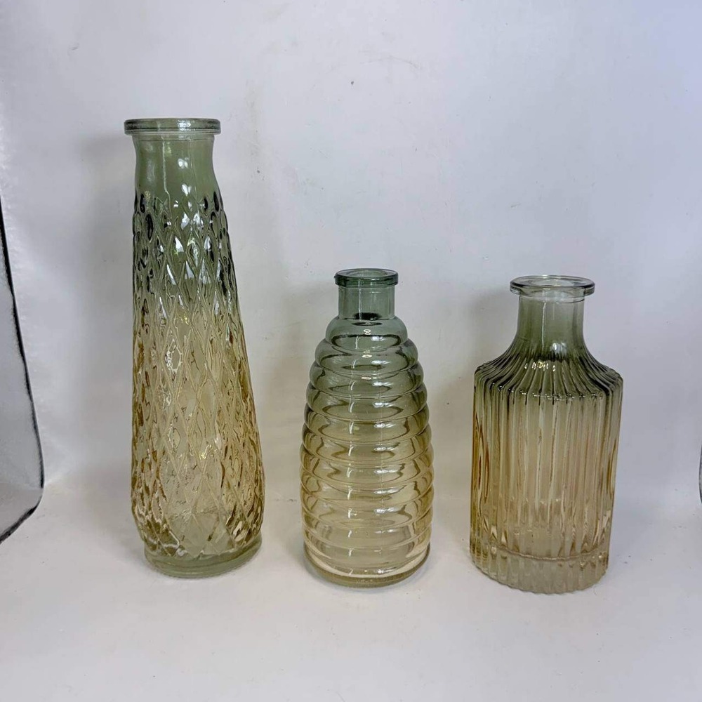 Set of 3 Ombre Glass Bud Vases Green Amber Ribbed Diamond Textured Decorative